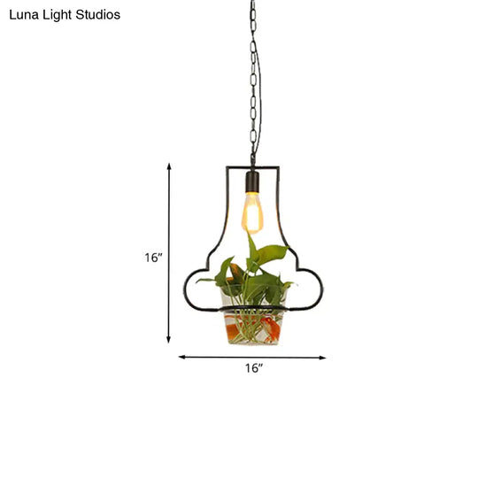 Retro Black 1-Head Pendant Light With Iron Square/Round/Gourd Design For Restaurant Décor