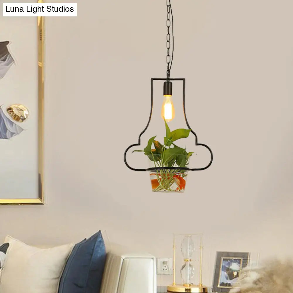 Black Retro Iron Pendant Light With Potted Plant - Perfect For Restaurants / E