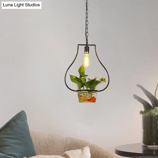 Black Retro Iron Pendant Light With Potted Plant - Perfect For Restaurants / D
