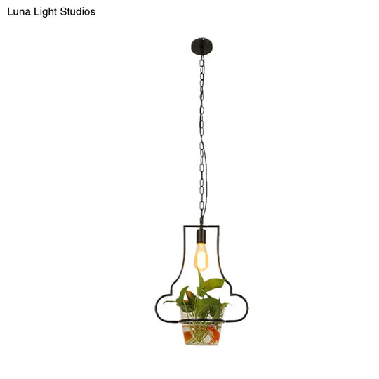 Black Retro Iron Pendant Light With Potted Plant - Perfect For Restaurants