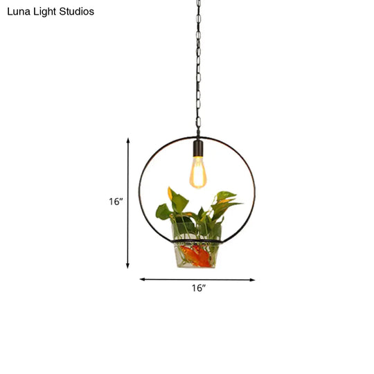 Retro Black 1-Head Pendant Light With Iron Square/Round/Gourd Design For Restaurant Décor