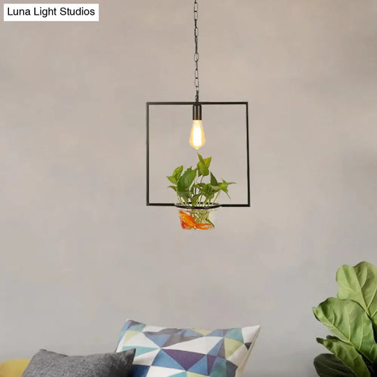 Black Retro Iron Pendant Light With Potted Plant - Perfect For Restaurants