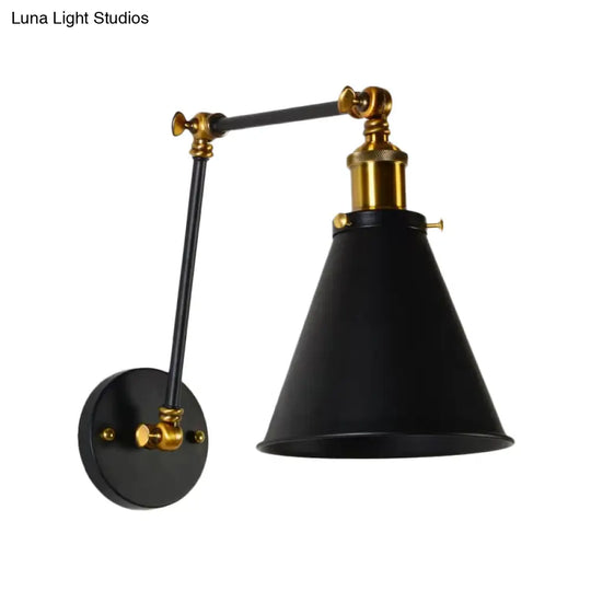 Retro Black-Brass Conical Wall Lamp With Swing Arm For Studio Tasks