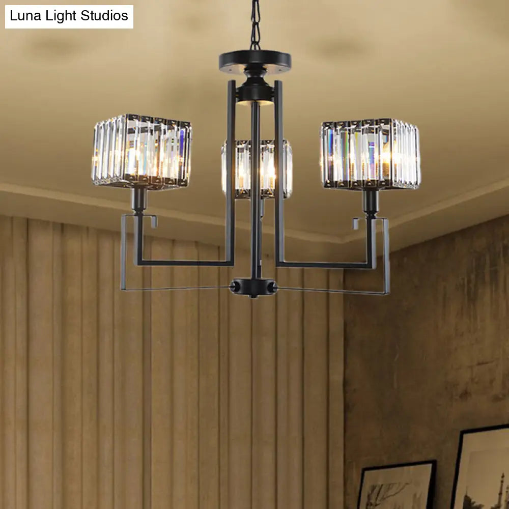 Retro Black Crystal Pendant Chandelier 3/6 Bulbs Square Design