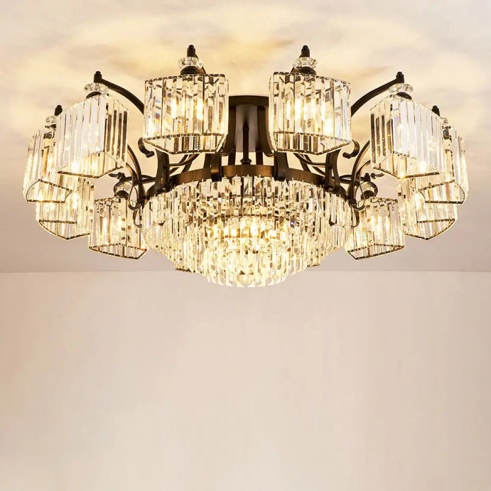 Retro Black Crystal Semi Flush Chandelier For Tiered Living Room Ceiling 16 /