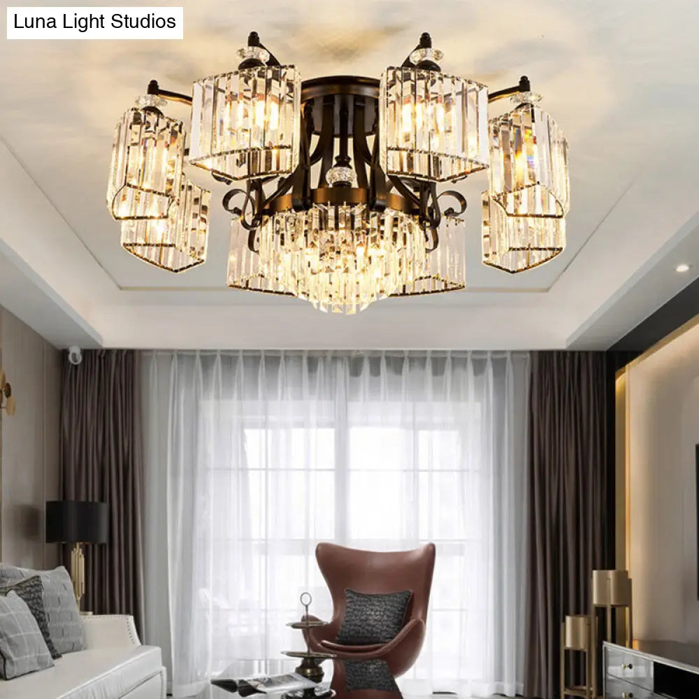 Retro Black Crystal Semi Flush Chandelier For Tiered Living Room Ceiling 10 /