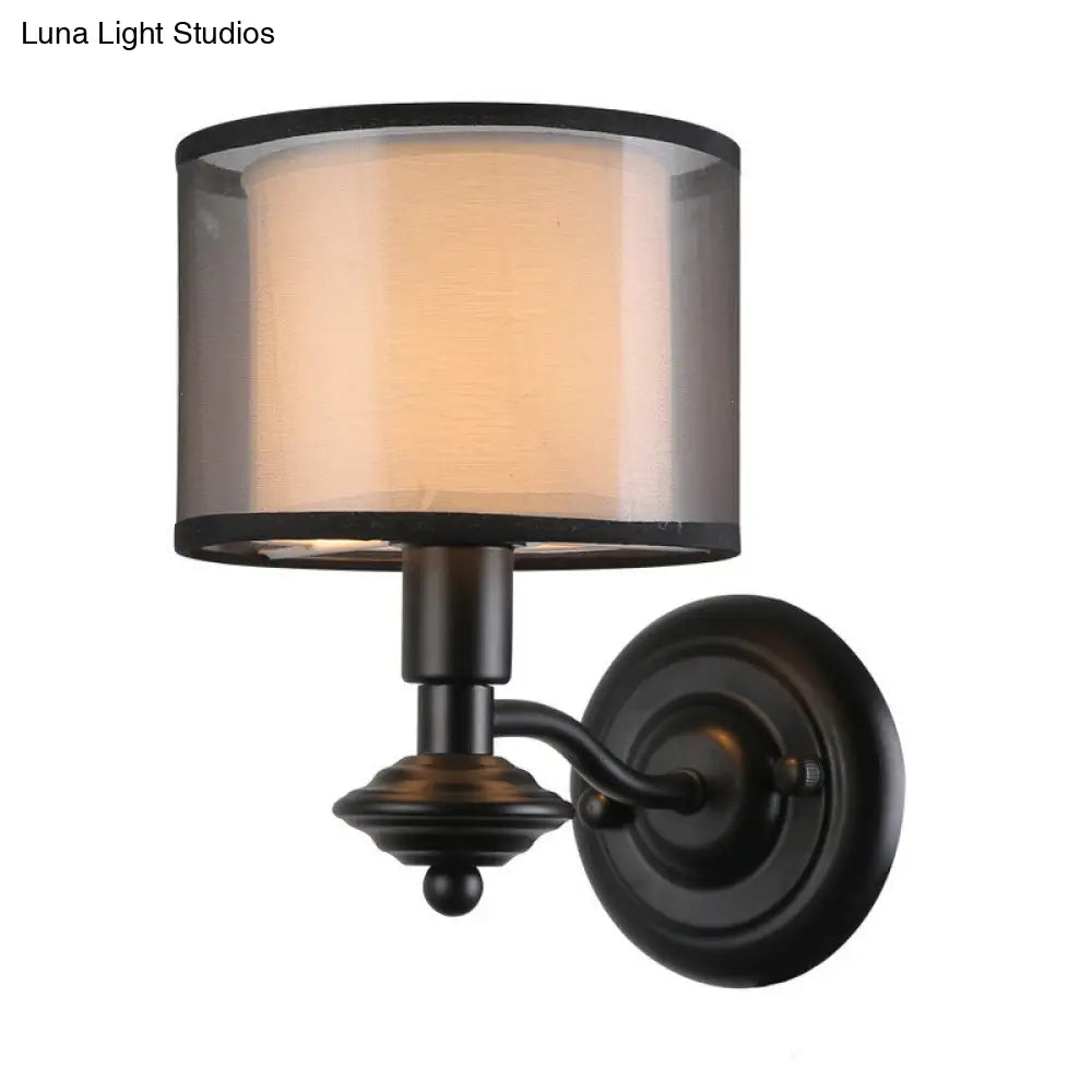 Retro Black Double Drum Shade Corridor Sconce Light Fixture - Fabric Wall Lighting Idea