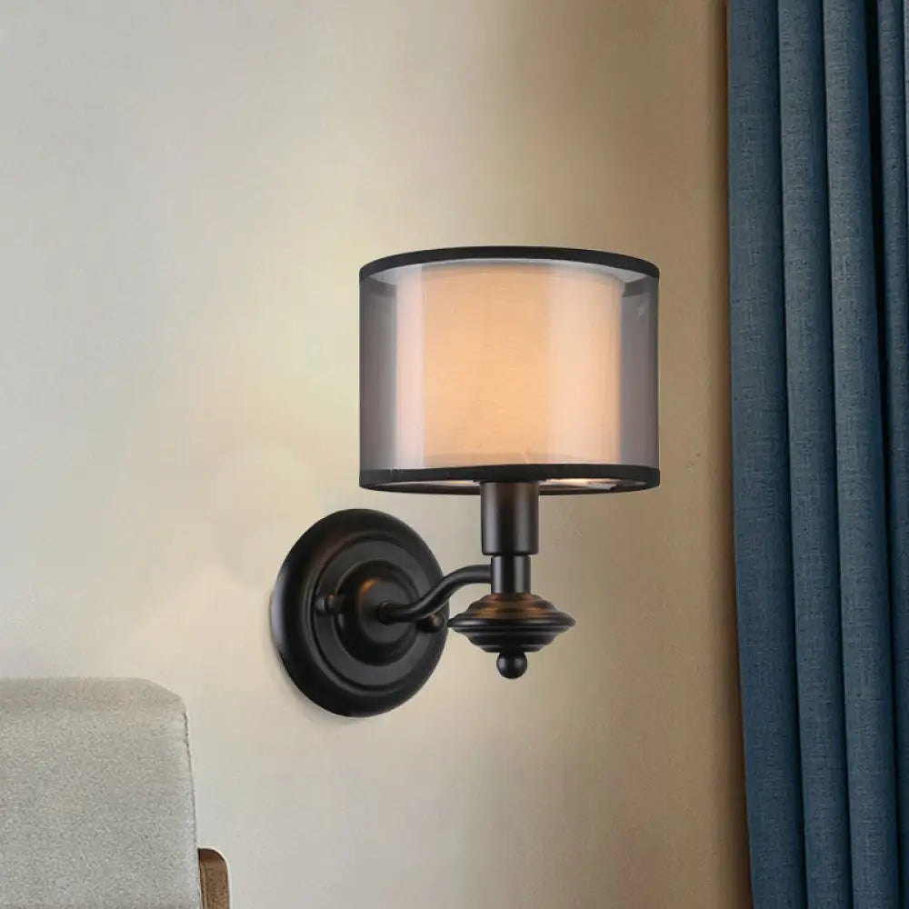 Retro Black Double Drum Shade Corridor Sconce Light Fixture - Fabric Wall Lighting Idea