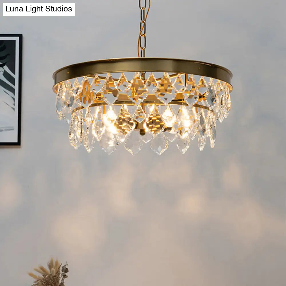 Retro Black/Gold Beveled Glass Crystal Chandelier For Restaurant - 4 Bulbs Circular Pendant Lamp