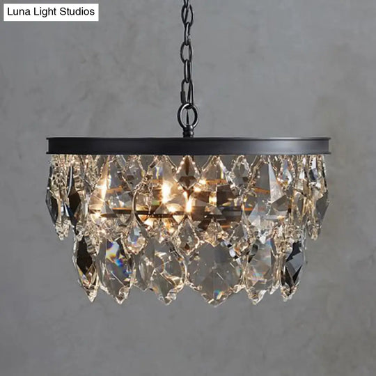 Retro Black/Gold Beveled Glass Crystal Chandelier For Restaurant - 4 Bulbs Circular Pendant Lamp