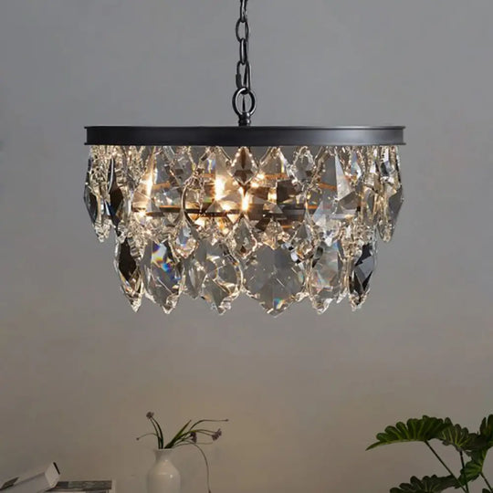 Retro Black/Gold Beveled Glass Crystal Chandelier For Restaurant - 4 Bulbs Circular Pendant Lamp