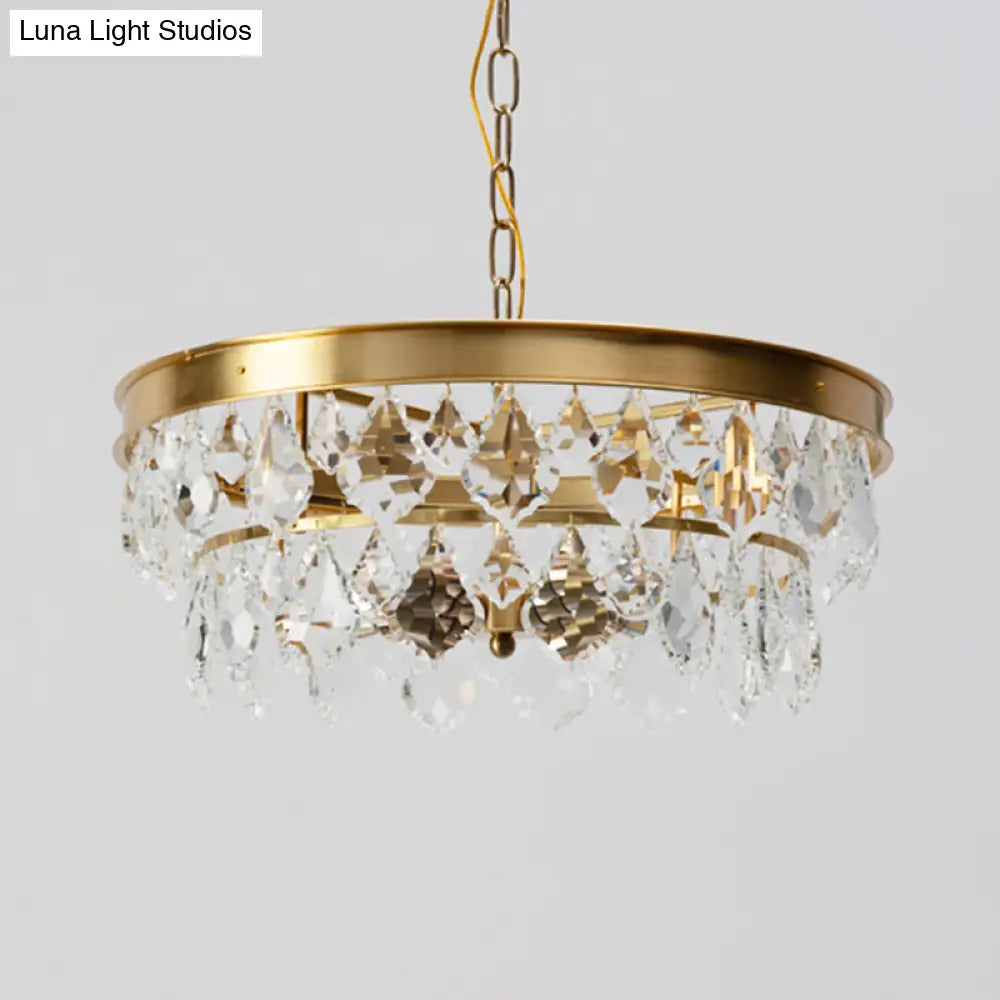 Retro Black/Gold Beveled Glass Crystal Chandelier For Restaurant - 4 Bulbs Circular Pendant Lamp