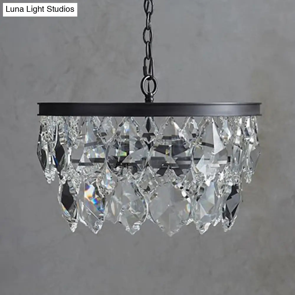 Retro Black/Gold Beveled Glass Crystal Chandelier For Restaurant - 4 Bulbs Circular Pendant Lamp