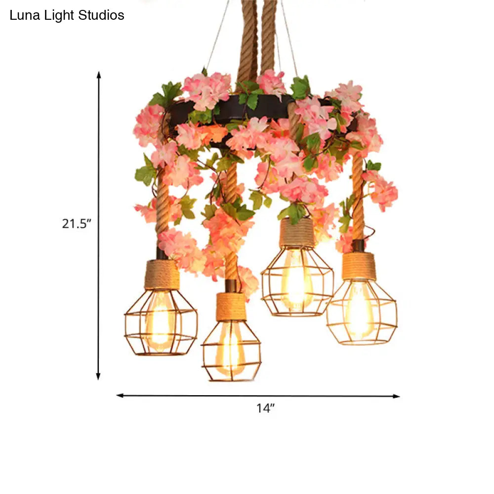 Retro Black Hemp Rope Chandelier With Flower Decoration - 4/8 Lights Orb Cage Pendant Ceiling