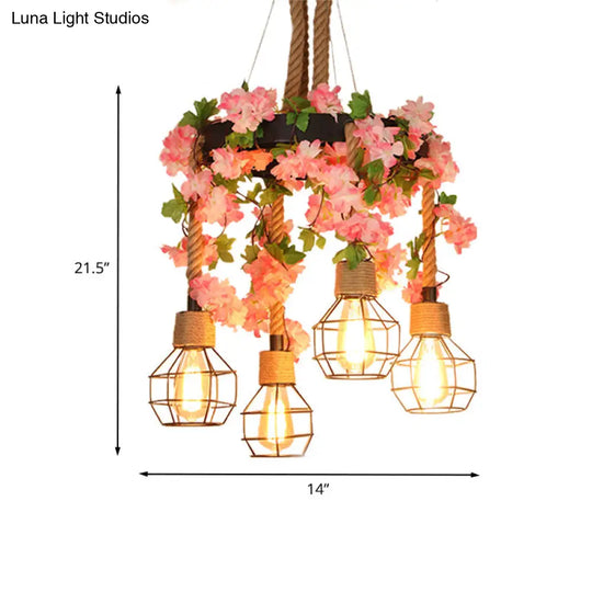 Retro Black Hemp Rope Chandelier With Flower Decoration - 4/8 Lights Orb Cage Pendant Ceiling