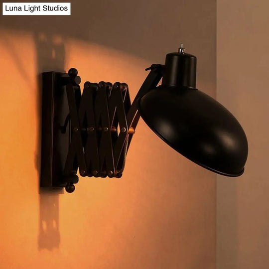 Retro Black Iron Wall Mounted Reading Lamp With Stretch Arm And Bowl Shade - 1-Bulb Ideal For Dorm