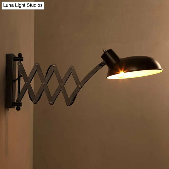 Retro Black Iron Wall Mounted Reading Lamp With Stretch Arm And Bowl Shade - 1-Bulb Ideal For Dorm