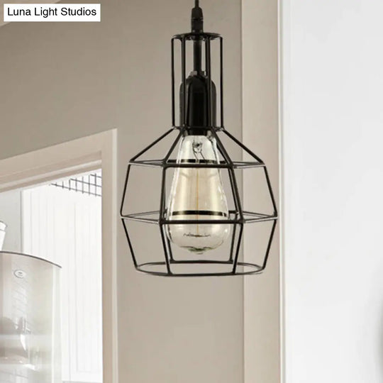 Retro Black Metal Prism Cage Pendant Ceiling Light Stylish Hanging Fixture For Living Room
