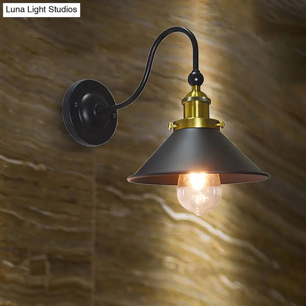 Retro Black Metal Conical Shade Sconce Lamp With Gooseneck Arm - 1 Light Wall Lighting For Corridor