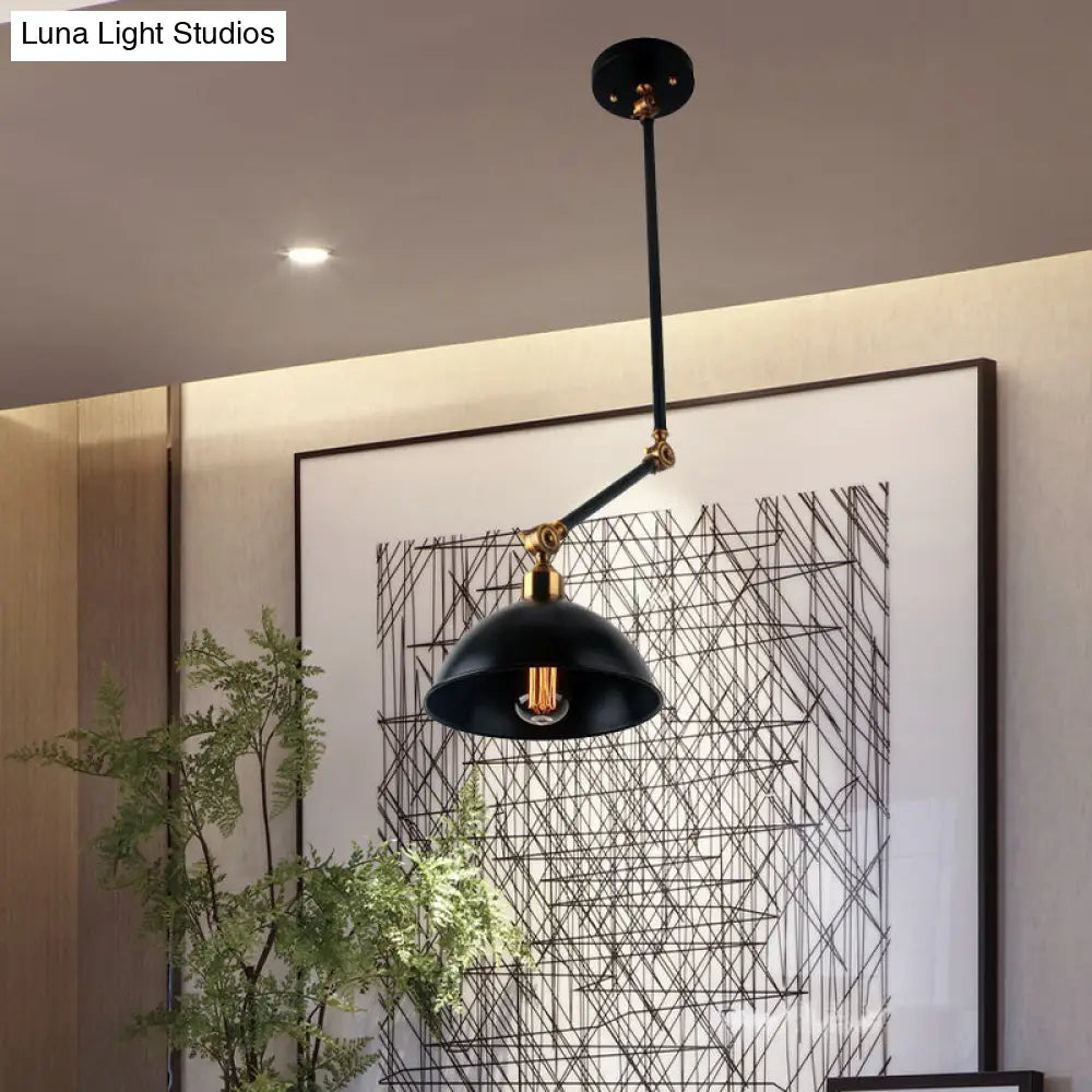 Retro Style Black Metal Suspended Lamp With Swing Arm - 1 Bulb Dome Ceiling Light For Table