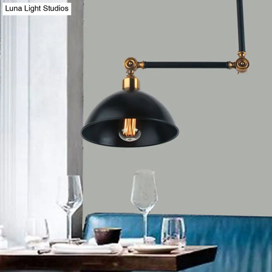 Retro Style Black Metal Suspended Lamp With Swing Arm - 1 Bulb Dome Ceiling Light For Table