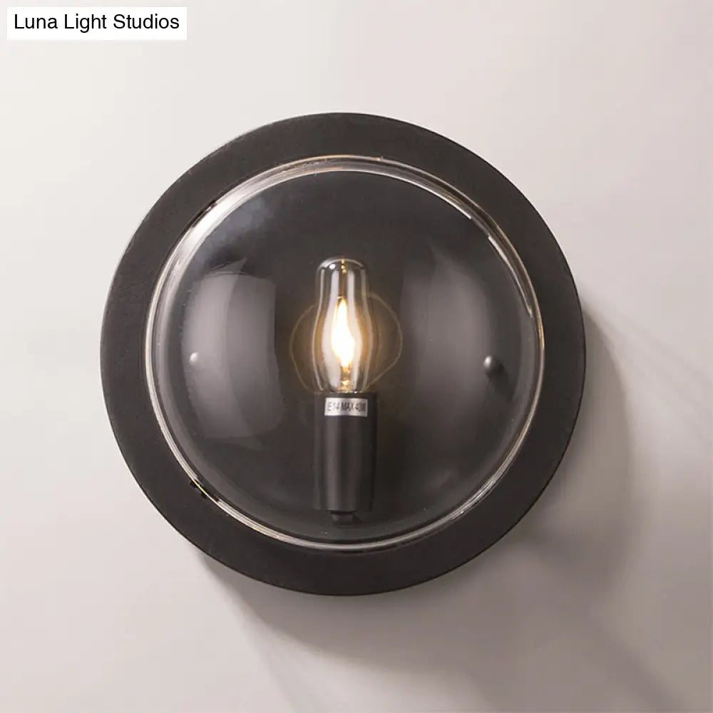 Retro Black Metal Drum Flush Mount Wall Sconce With Clear Glass Shade - 1 Light Living Room Lamp