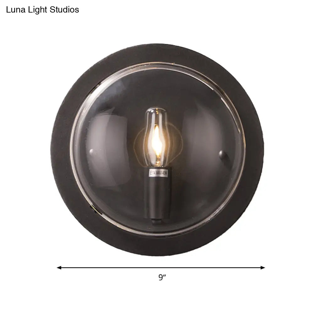 Retro Black Metal Drum Flush Mount Wall Sconce With Clear Glass Shade - 1 Light Living Room Lamp