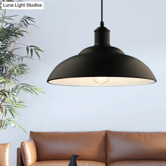 Retro Metal Hanging Lamp With Bowl Shade - Black Finish Ceiling Light For Living Room