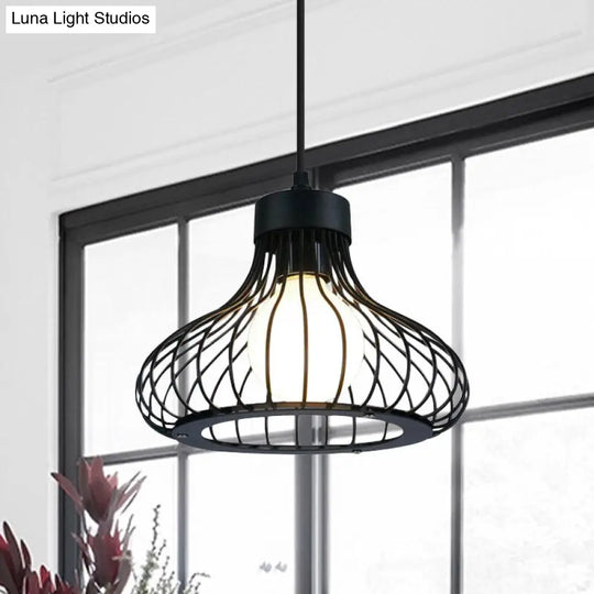Retro Black Metal Pendant Light With Wire Cage - Perfect For Kitchen