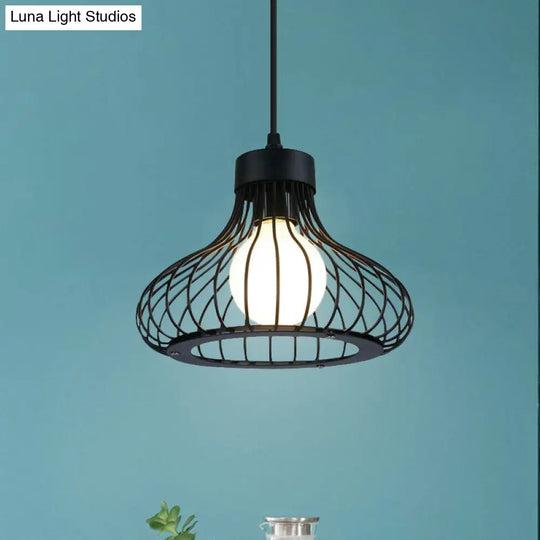 Retro Black Metal Pendant Light With Wire Cage - Perfect For Kitchen