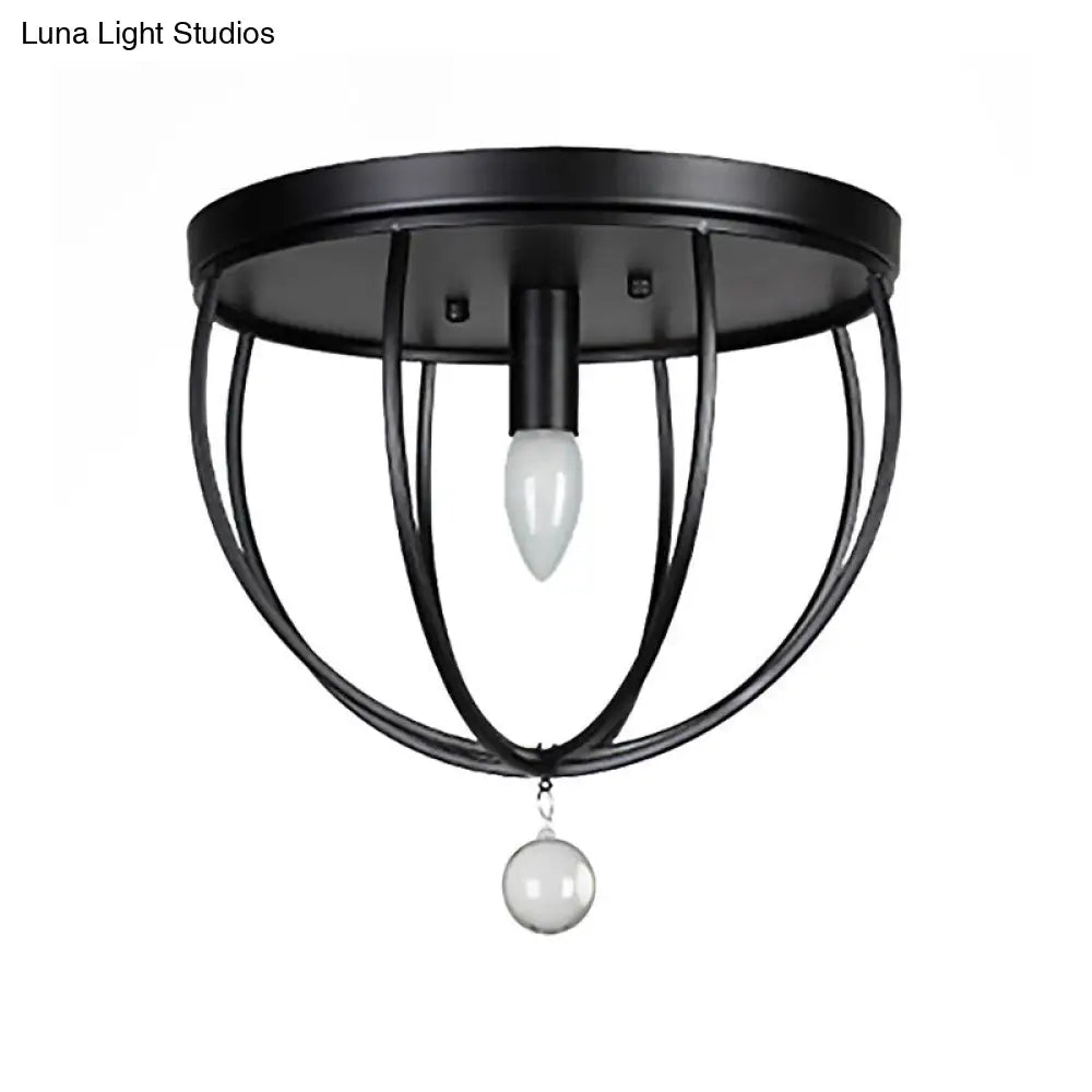 Retro Black Metallic Flush Mount Ceiling Light With Wire Cage And Clear Crystal Ball - 1/4/5 Heads