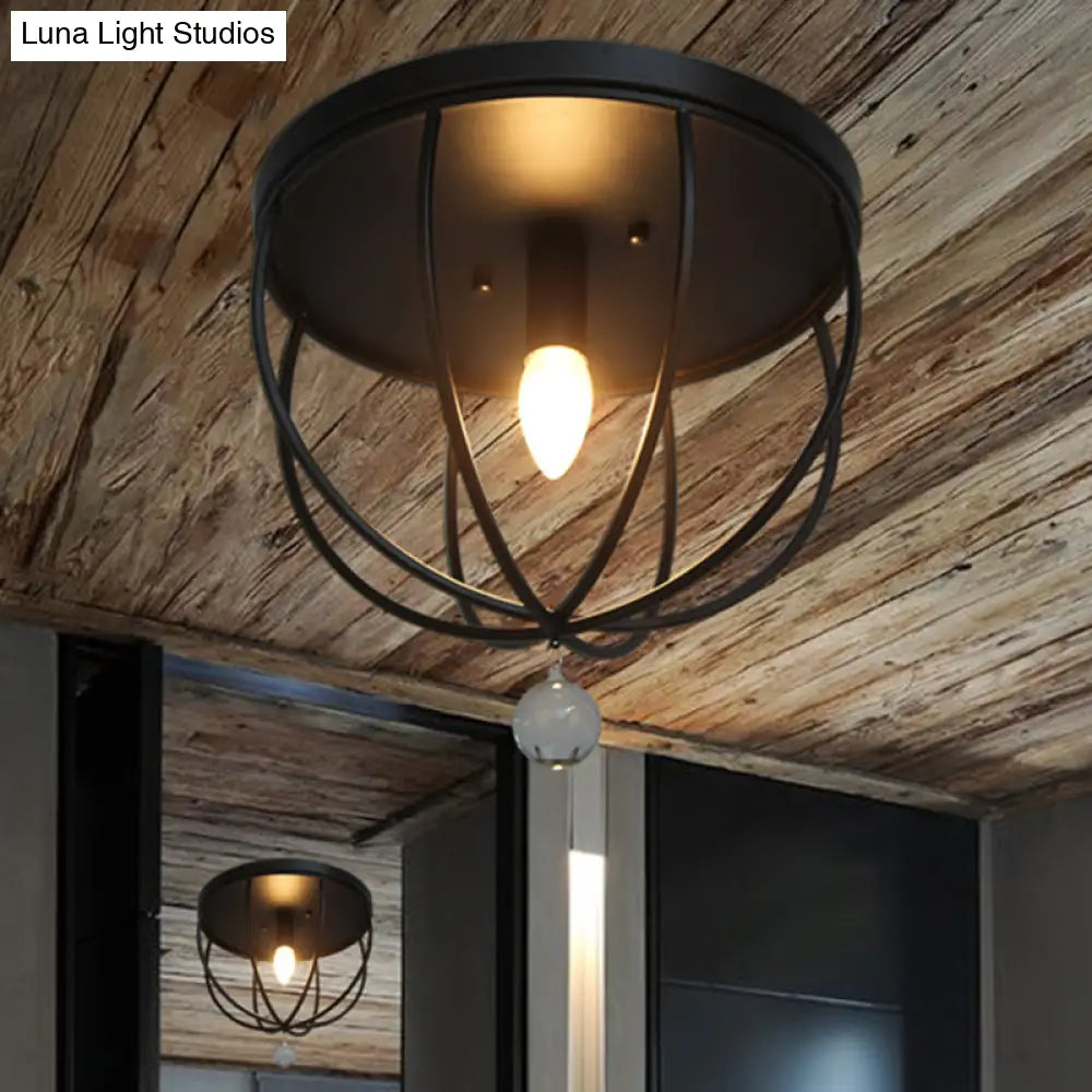 Retro Black Metallic Flush Mount Ceiling Light With Wire Cage And Clear Crystal Ball - 1/4/5 Heads