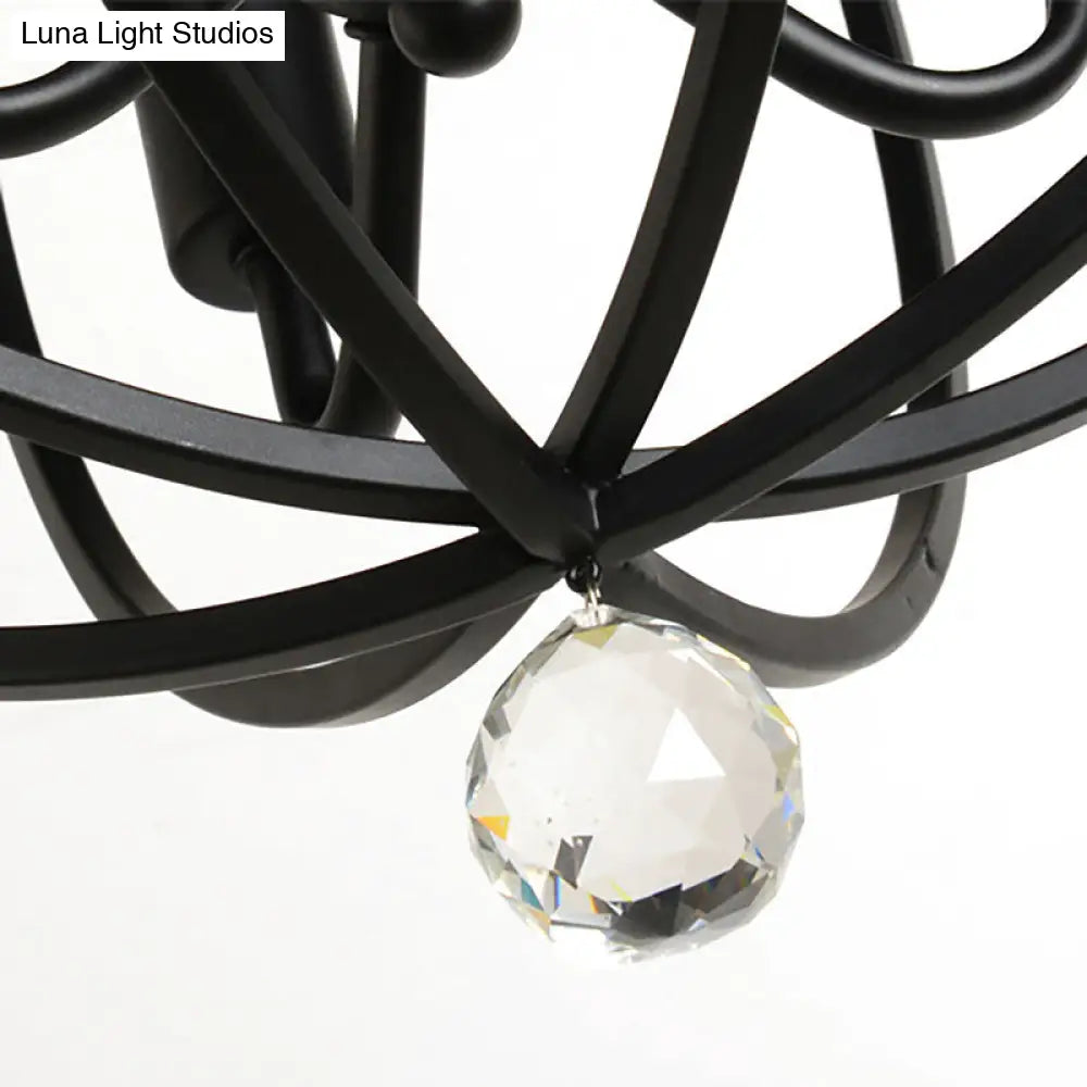 Retro Black Metallic Flush Mount Ceiling Light With Wire Cage And Clear Crystal Ball - 1/4/5 Heads