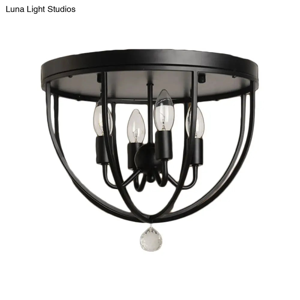 Retro Black Metallic Flush Mount Ceiling Light With Wire Cage And Clear Crystal Ball - 1/4/5 Heads