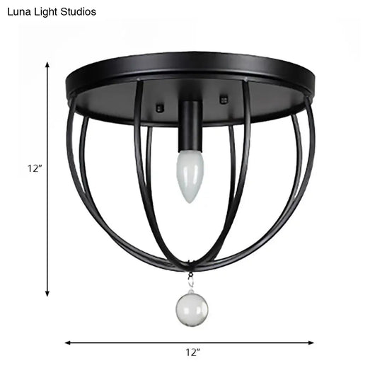 Retro Black Metallic Flush Mount Ceiling Light With Wire Cage And Clear Crystal Ball - 1/4/5 Heads