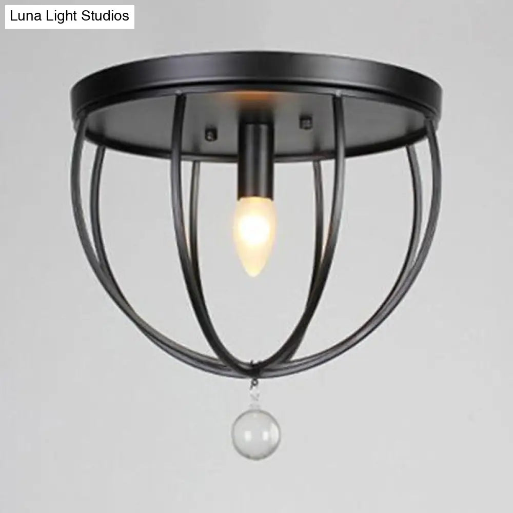 Retro Black Metallic Flush Mount Ceiling Light With Wire Cage And Clear Crystal Ball - 1/4/5 Heads