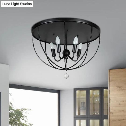 Retro Black Metallic Flush Mount Ceiling Light With Wire Cage And Clear Crystal Ball - 1/4/5 Heads