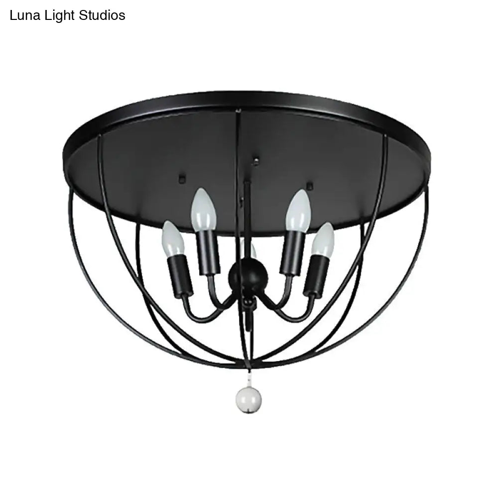 Retro Black Metallic Flush Mount Ceiling Light With Wire Cage And Clear Crystal Ball - 1/4/5 Heads