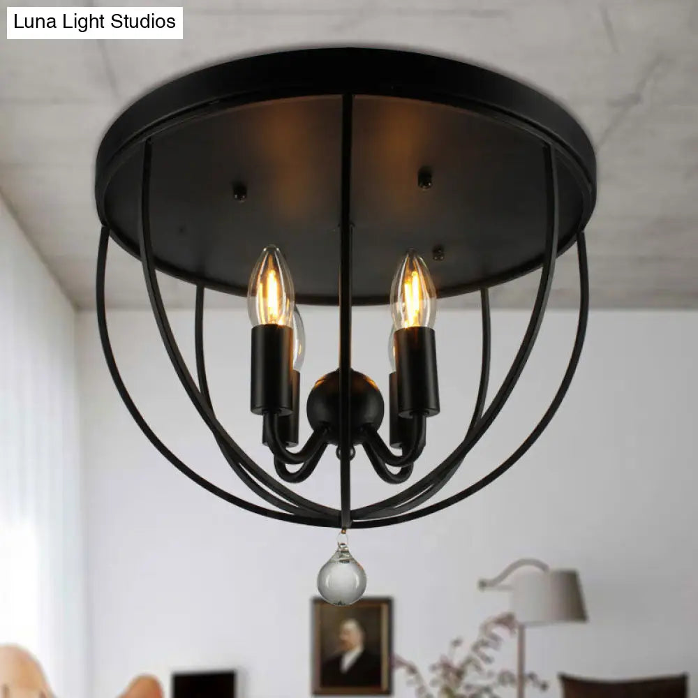 Retro Black Metallic Flush Mount Ceiling Light With Wire Cage And Clear Crystal Ball - 1/4/5 Heads 4
