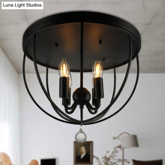 Retro Black Metallic Flush Mount Ceiling Light With Wire Cage And Clear Crystal Ball - 1/4/5 Heads 4