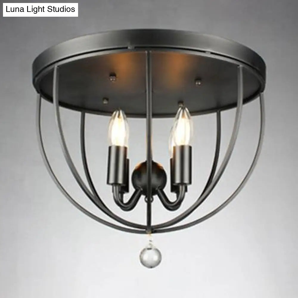 Retro Black Metallic Flush Mount Ceiling Light With Wire Cage And Clear Crystal Ball - 1/4/5 Heads