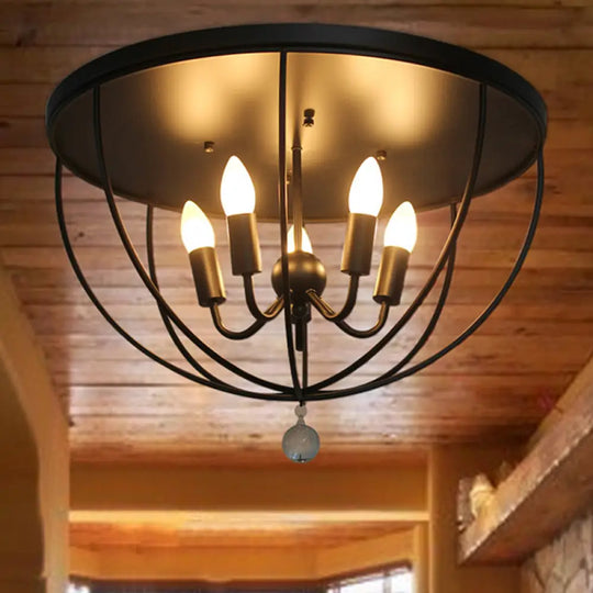 Retro Black Metallic Flush Mount Ceiling Light With Wire Cage And Clear Crystal Ball - 1/4/5 Heads