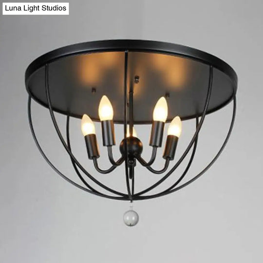 Retro Black Metallic Flush Mount Ceiling Light With Wire Cage And Clear Crystal Ball - 1/4/5 Heads