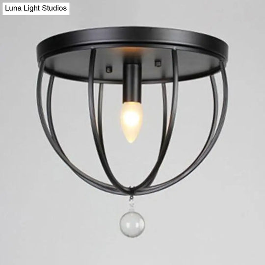 Retro Black Metallic Flush Mount Ceiling Light With Wire Cage And Clear Crystal Ball - 1/4/5 Heads