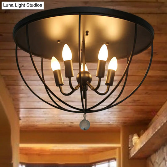 Retro Black Metallic Flush Mount Ceiling Light With Wire Cage And Clear Crystal Ball - 1/4/5 Heads 5