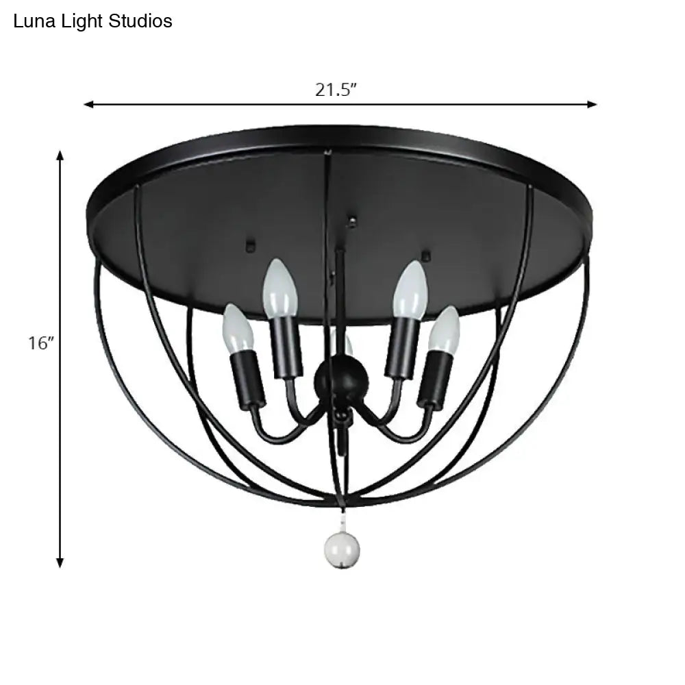 Retro Black Metallic Flush Mount Ceiling Light With Wire Cage And Clear Crystal Ball - 1/4/5 Heads