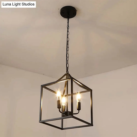 Retro Black Pendant Light: Square Cage Chandelier With 3 Lights Metal Lamp For Dining Room