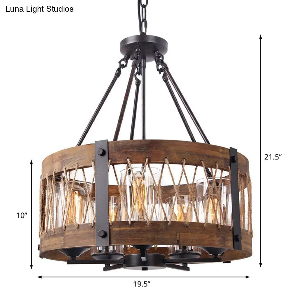 Retro Black Rope-Weaved Wood Drum Pendant Chandelier - 5-Light Metal Fixture For Dining Room