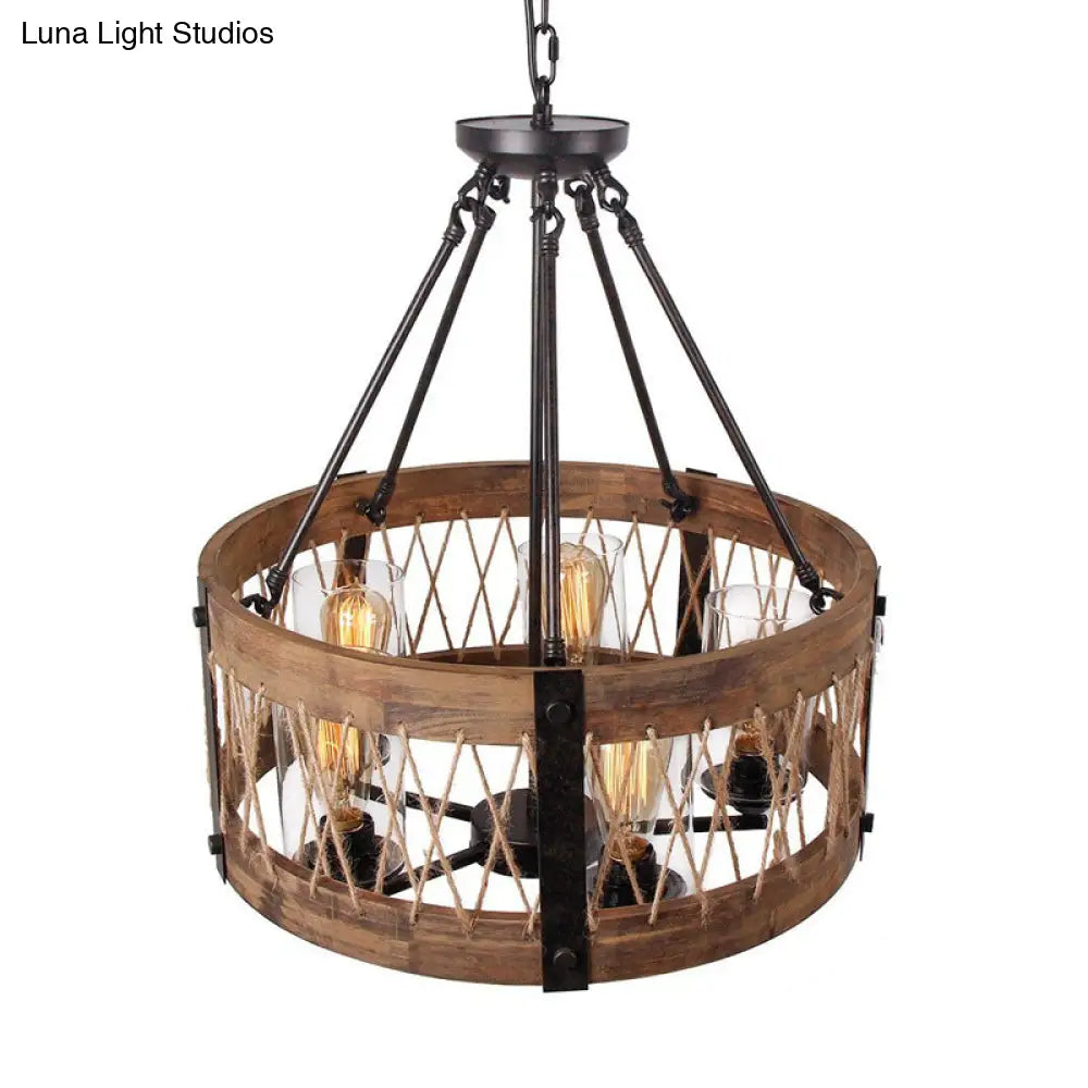 Retro Black Rope-Weaved Wood Drum Pendant Chandelier - 5-Light Metal Fixture For Dining Room