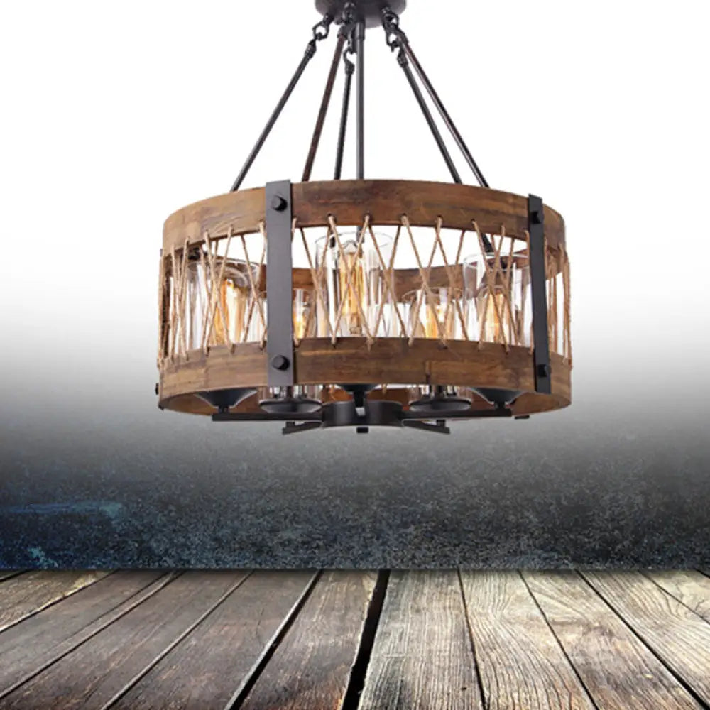 Retro Black Rope-Weaved Wood Drum Pendant Chandelier - 5-Light Metal Fixture For Dining Room